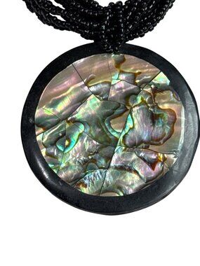 Abalone Shell Pendant Necklace With Black Beaded Multi-Strand Cord 2-Inch Pendan
